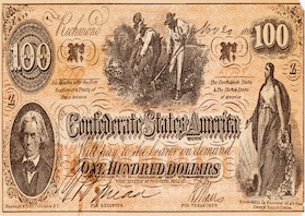 One-hundred-dollar Confederate States of America bill dated 1862